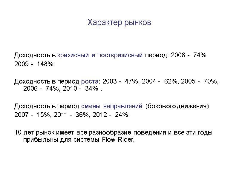 Характер рынков  Доходность в кризисный и посткризисный период: 2008 -  74% 